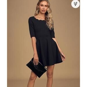 lulu’s tip the scallops black scalloped skater dress XS